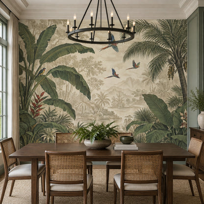 Parrots And Banana Leaves Wallpaper Vintage Jungle Wall Mural