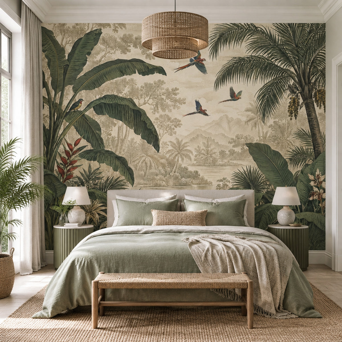 Parrots And Banana Leaves Wallpaper Vintage Jungle Wall Mural