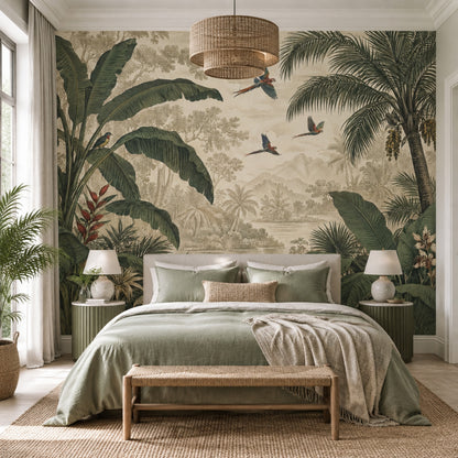 Parrots And Banana Leaves Wallpaper Vintage Jungle Wall Mural