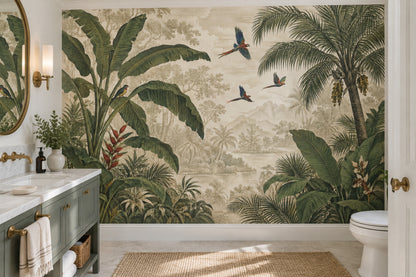 Parrots And Banana Leaves Wallpaper Vintage Jungle Wall Mural