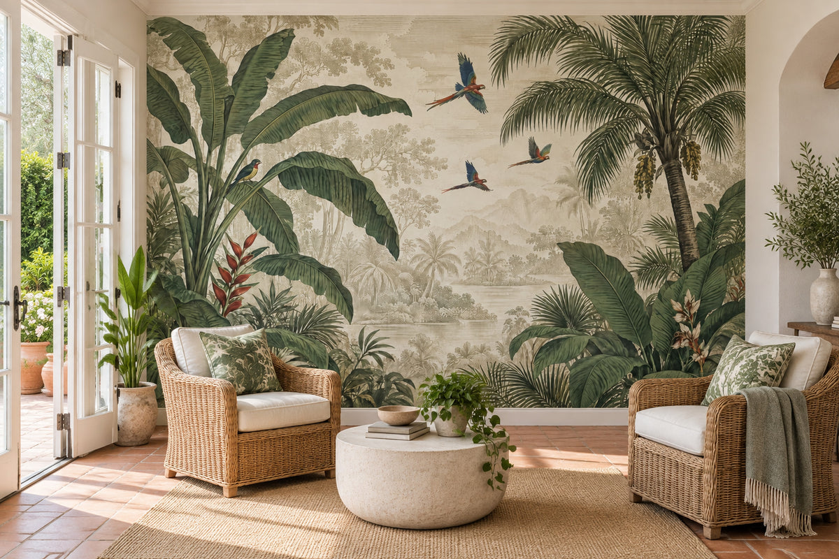 Parrots And Banana Leaves Wallpaper Vintage Jungle Wall Mural