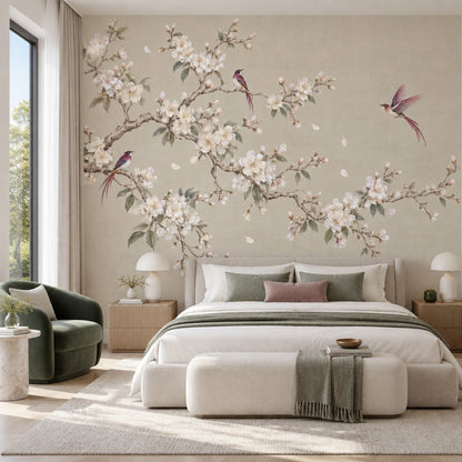 Cherry Blossoms And Birds Wallpaper Chinoiserie Botanical Wall Mural