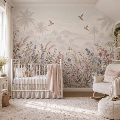 Pastel Wildflowers Wallpaper Misty Mountains Wall Mural