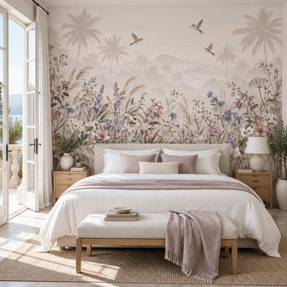 Pastel Wildflowers Wallpaper Misty Mountains Wall Mural