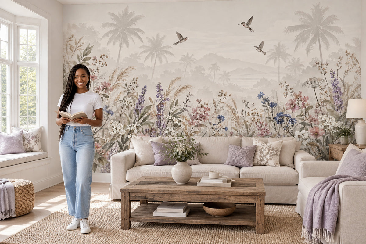 Pastel Wildflowers Wallpaper Misty Mountains Wall Mural