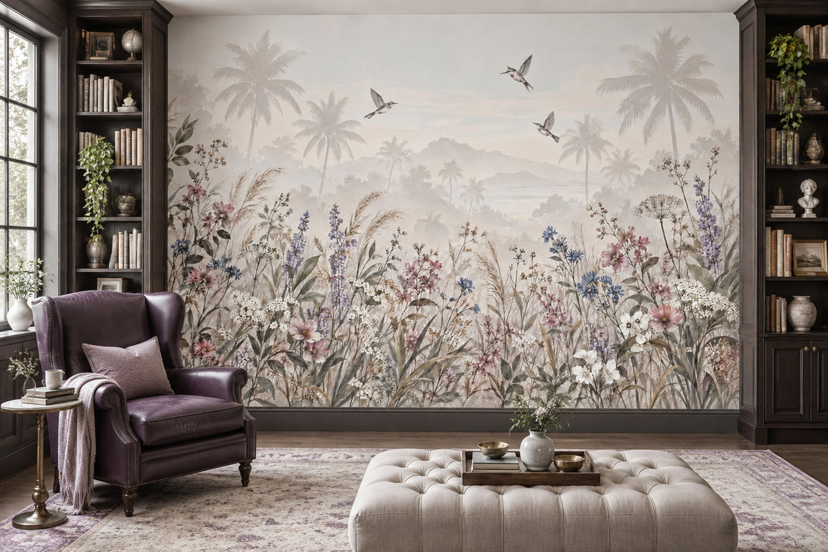 Pastel Wildflowers Wallpaper Misty Mountains Wall Mural
