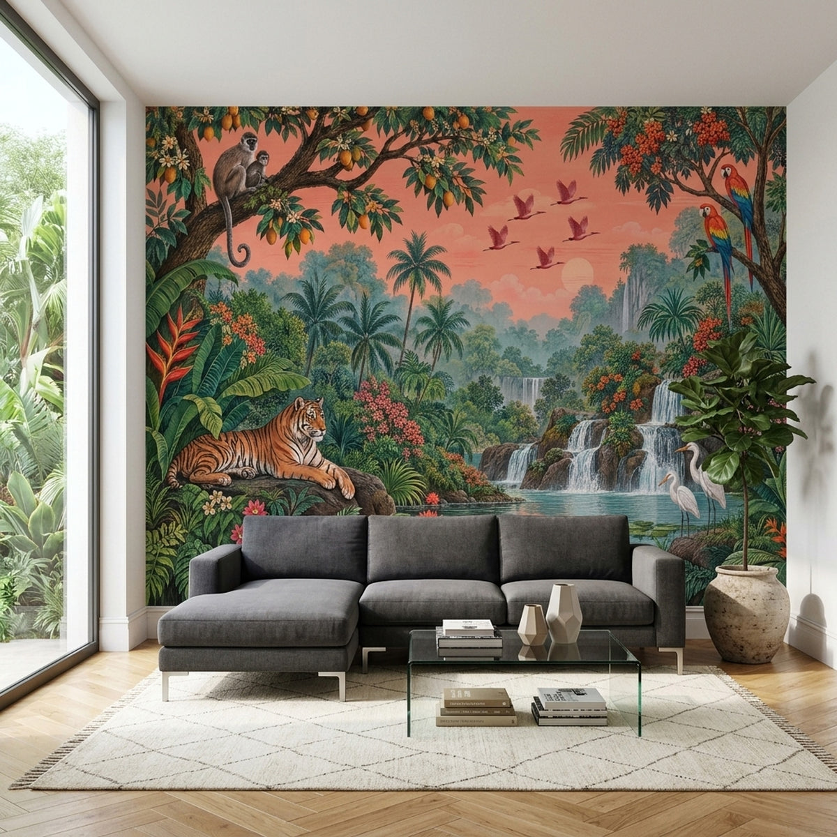 Tropical Jungle Tiger Wallpaper Coral Sky Waterfall Wall Mural