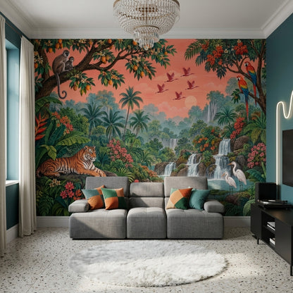 Tropical Jungle Tiger Wallpaper Coral Sky Waterfall Wall Mural