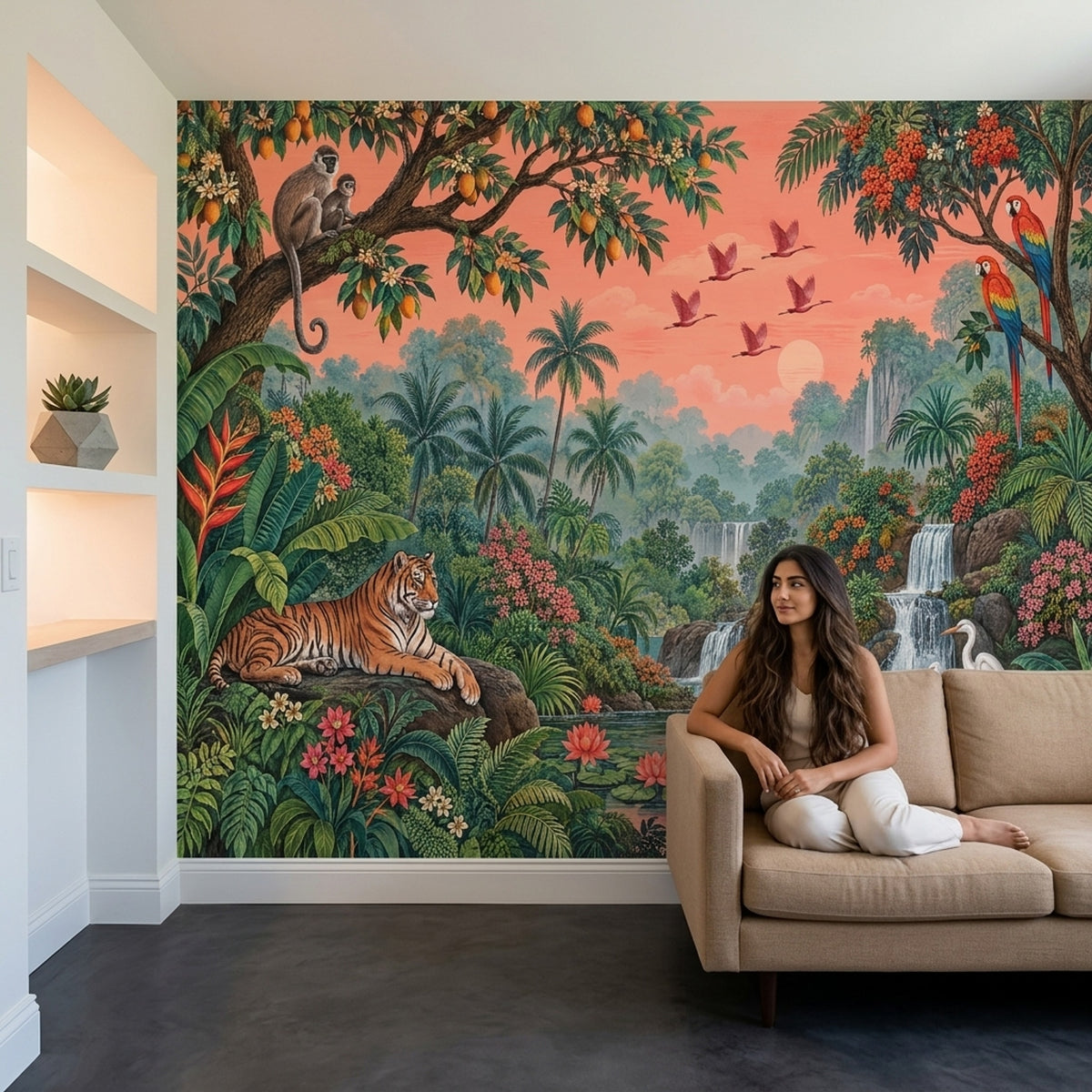 Tropical Jungle Tiger Wallpaper Coral Sky Waterfall Wall Mural