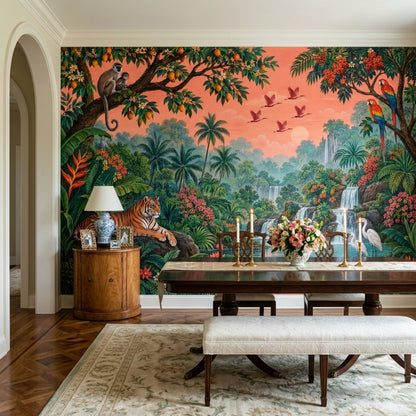 Tropical Jungle Tiger Wallpaper Coral Sky Waterfall Wall Mural