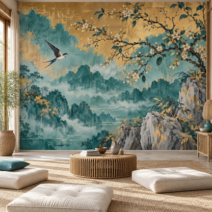 Misty Mountains And Flowering Branch Wallpaper Teal Gold Vintage Wall Mural