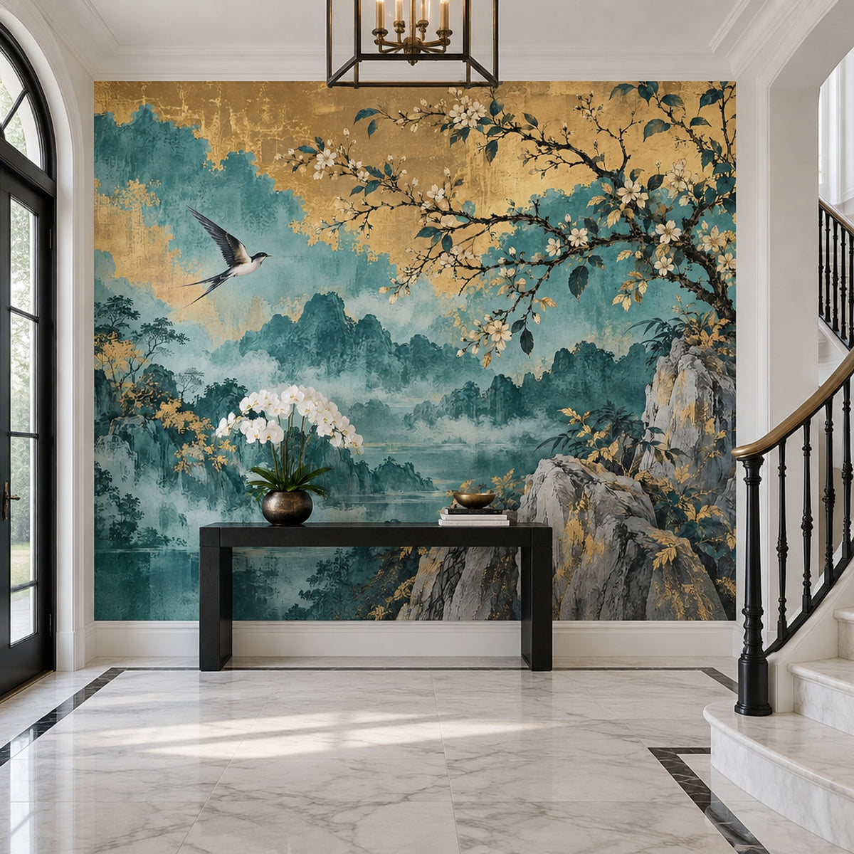 Misty Mountains And Flowering Branch Wallpaper Teal Gold Vintage Wall Mural