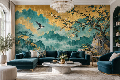 Misty Mountains And Flowering Branch Wallpaper Teal Gold Vintage Wall Mural