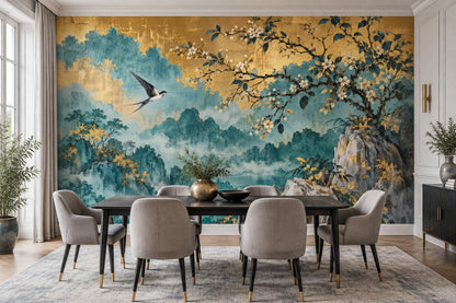 Misty Mountains And Flowering Branch Wallpaper Teal Gold Vintage Wall Mural