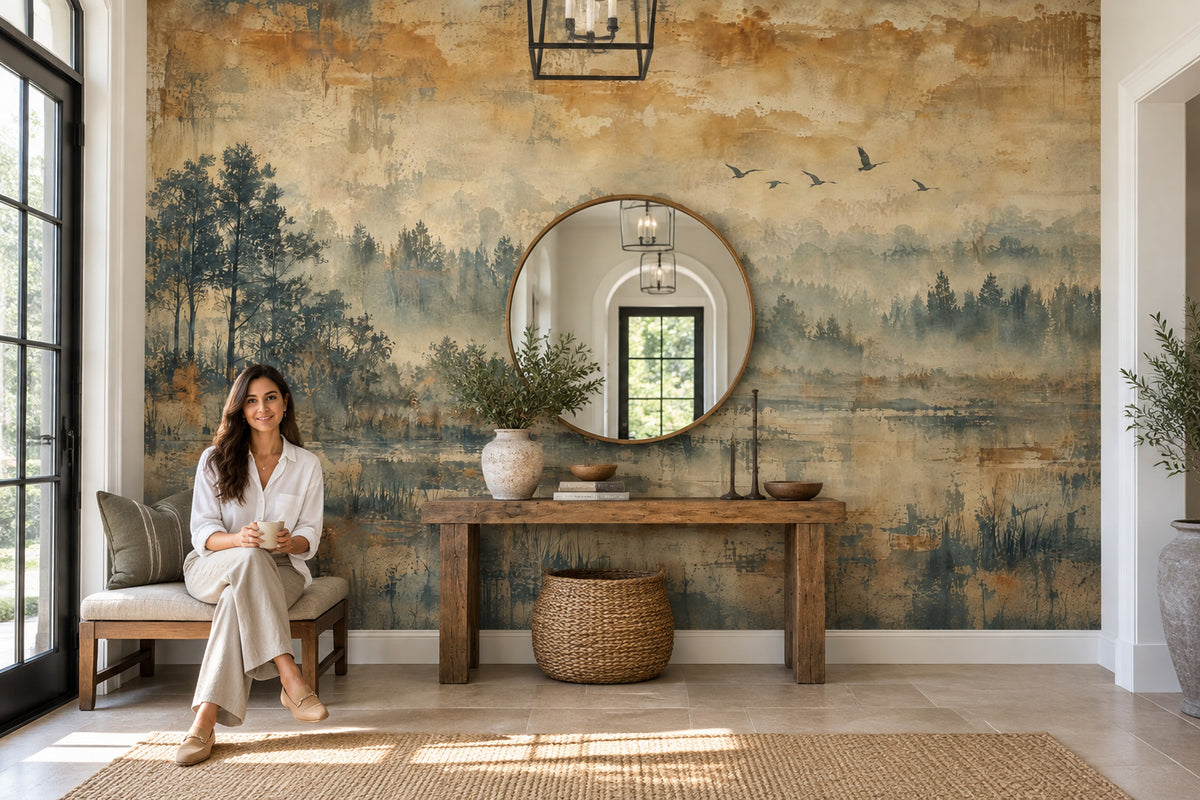 Misty Forest Wallpaper Sepia Landscape Wall Mural