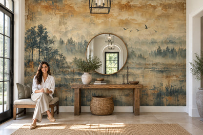 Misty Forest Wallpaper Sepia Landscape Wall Mural