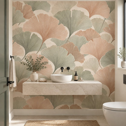 Ginkgo Leaves Wallpaper Sage Green Peach Wall Mural