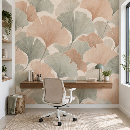 Ginkgo Leaves Wallpaper Sage Green Peach Wall Mural