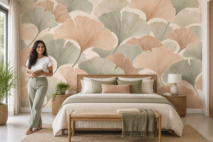 Ginkgo Leaves Wallpaper Sage Green Peach Wall Mural
