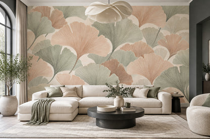 Ginkgo Leaves Wallpaper Sage Green Peach Wall Mural