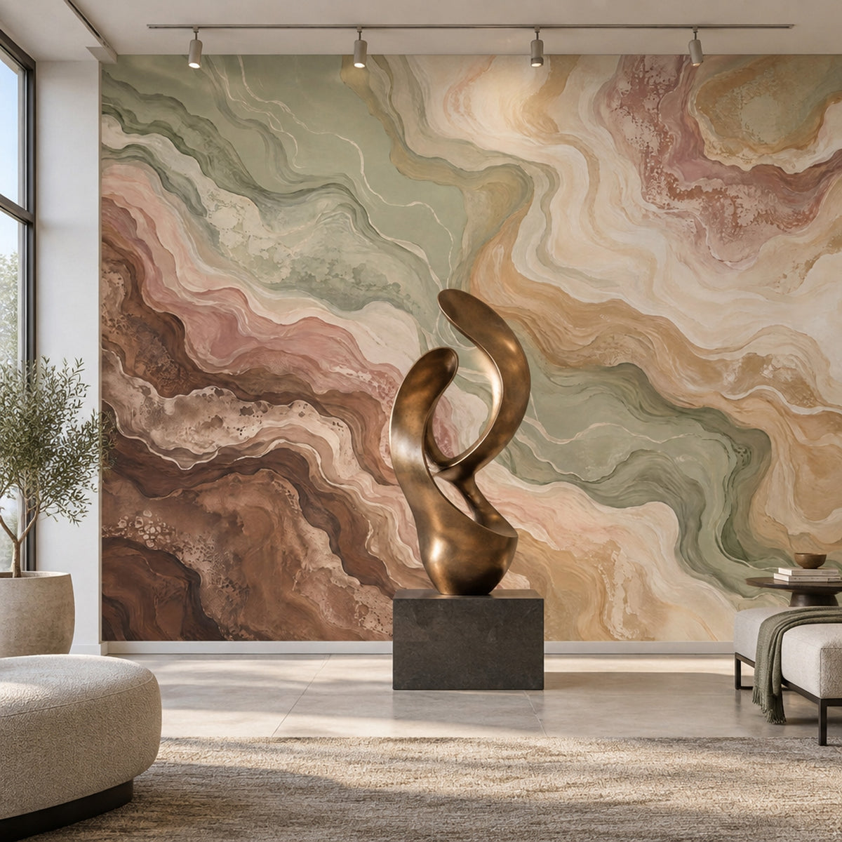 Abstract Marble Wallpaper Sage Green Earth Tones Wall Mural