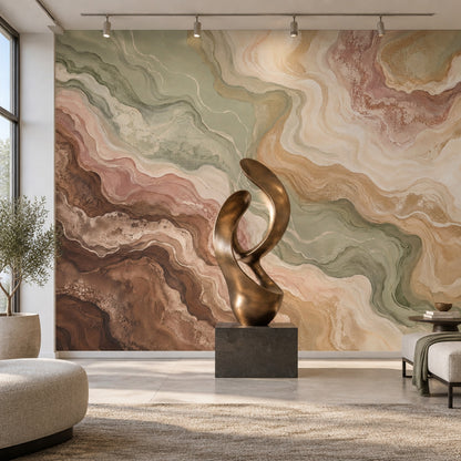 Abstract Marble Wallpaper Sage Green Earth Tones Wall Mural