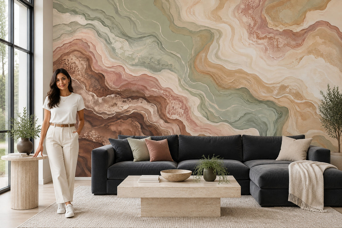 Abstract Marble Wallpaper Sage Green Earth Tones Wall Mural