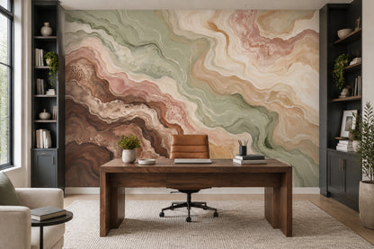 Abstract Marble Wallpaper Sage Green Earth Tones Wall Mural