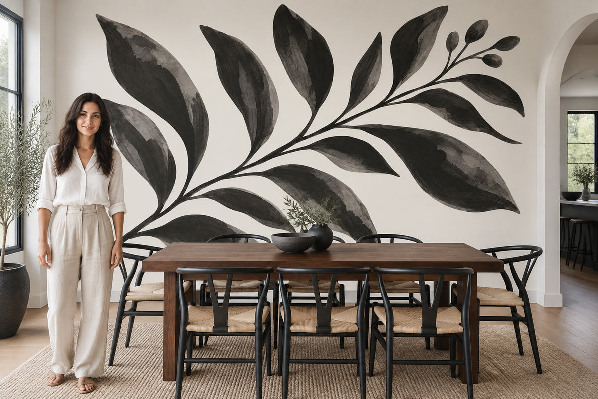 Monochrome Leaf Branch Wallpaper Cream Background Wall Mural