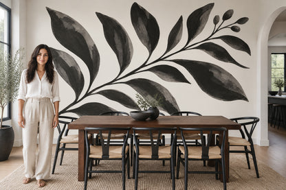 Monochrome Leaf Branch Wallpaper Cream Background Wall Mural