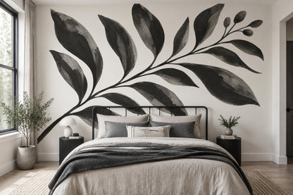 Monochrome Leaf Branch Wallpaper Cream Background Wall Mural