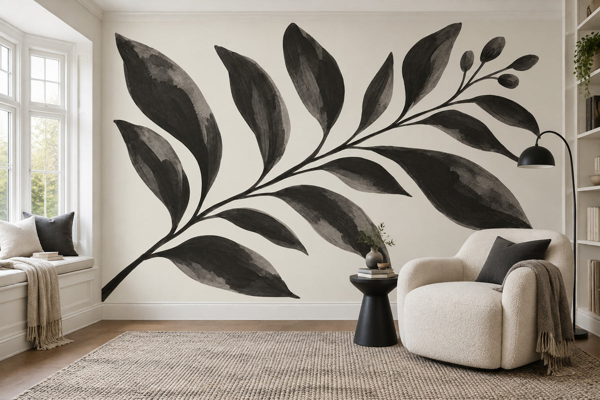 Monochrome Leaf Branch Wallpaper Cream Background Wall Mural