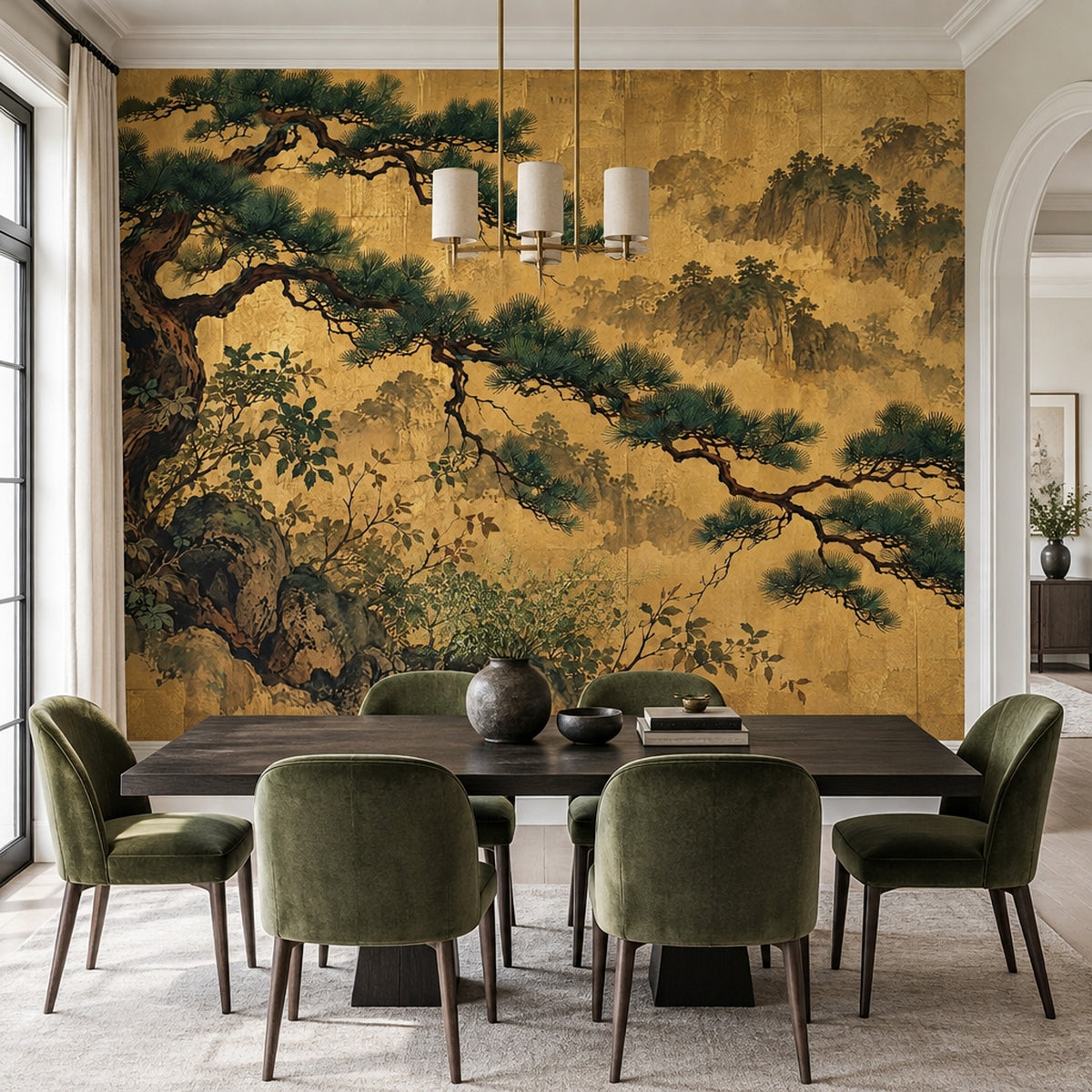 Gold Leaf Pine Tree Wallpaper Asian Landscape Wall Mural