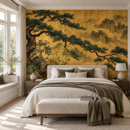 Gold Leaf Pine Tree Wallpaper Asian Landscape Wall Mural