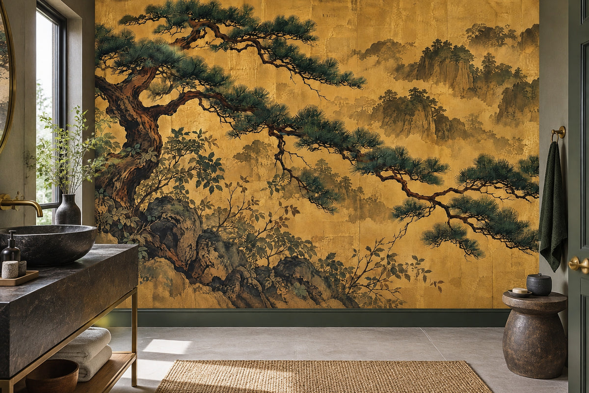 Gold Leaf Pine Tree Wallpaper Asian Landscape Wall Mural