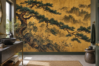 Gold Leaf Pine Tree Wallpaper Asian Landscape Wall Mural