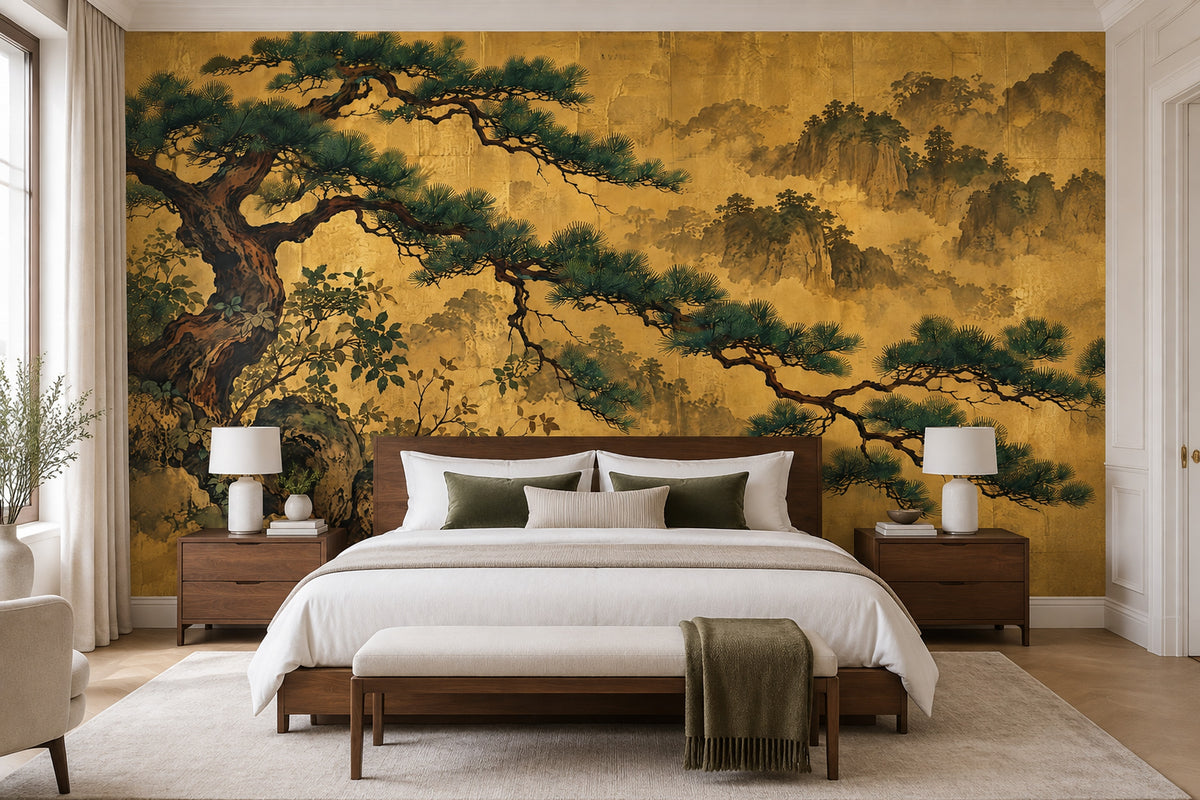Gold Leaf Pine Tree Wallpaper Asian Landscape Wall Mural