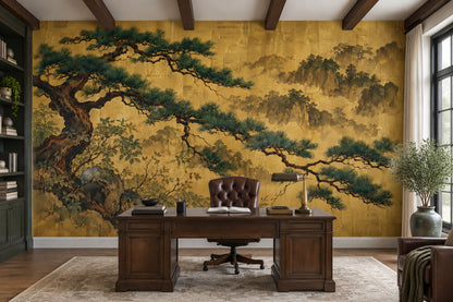 Gold Leaf Pine Tree Wallpaper Asian Landscape Wall Mural