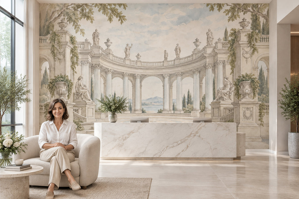 Neoclassical Terrace Wallpaper Cloudy Sky Wall Mural