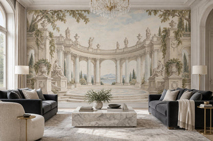 Neoclassical Terrace Wallpaper Cloudy Sky Wall Mural