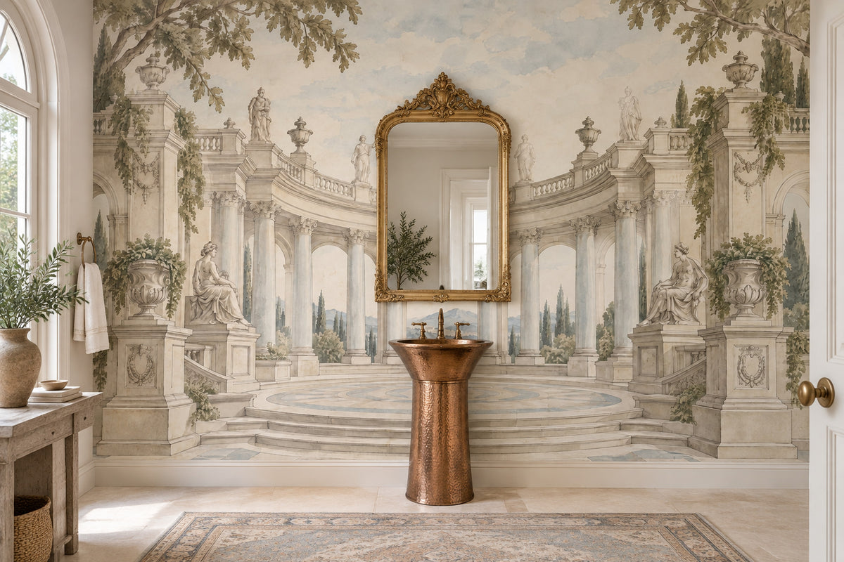 Neoclassical Terrace Wallpaper Cloudy Sky Wall Mural