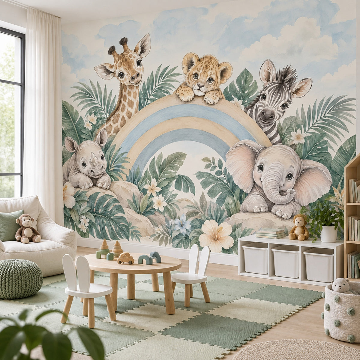 Baby Safari Animals Wallpaper Pastel Rainbow Nursery Wall Mural