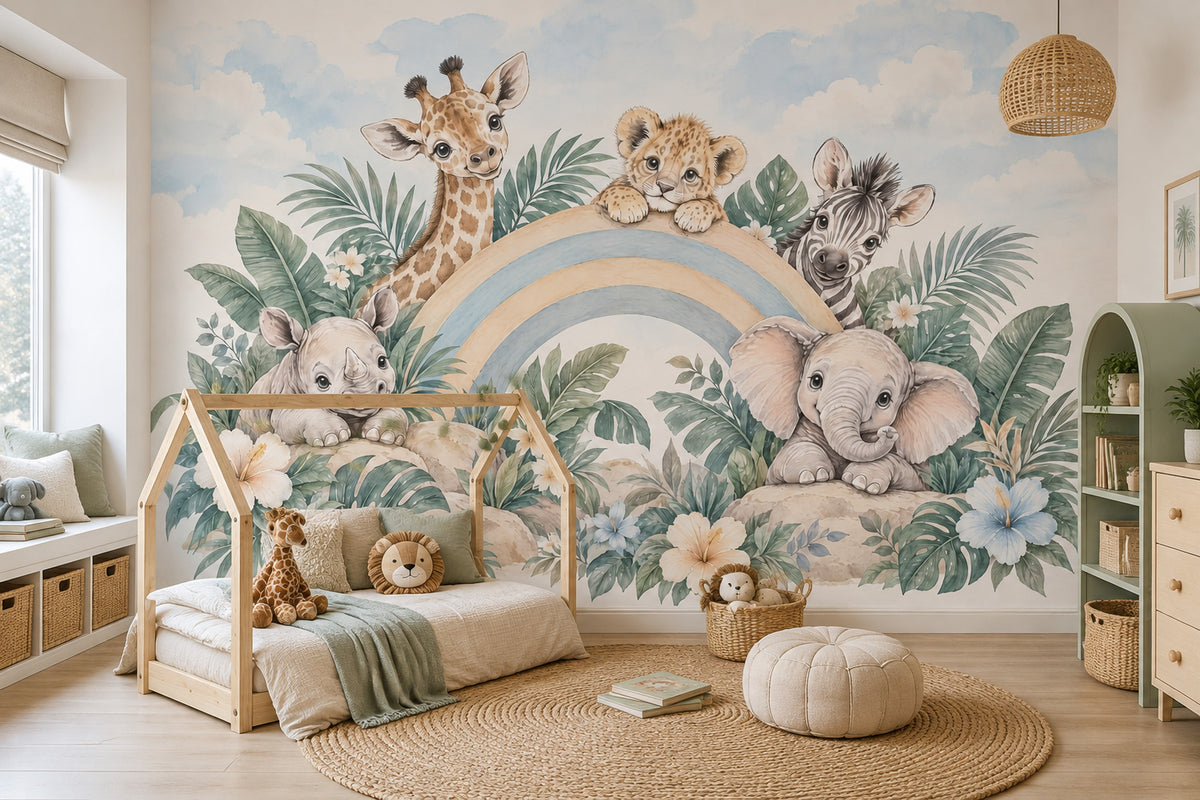 Baby Safari Animals Wallpaper Pastel Rainbow Nursery Wall Mural