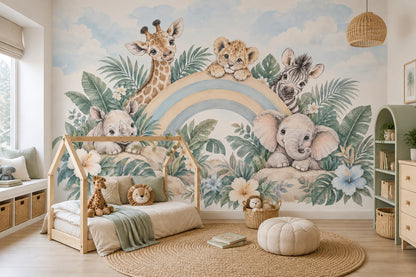 Baby Safari Animals Wallpaper Pastel Rainbow Nursery Wall Mural