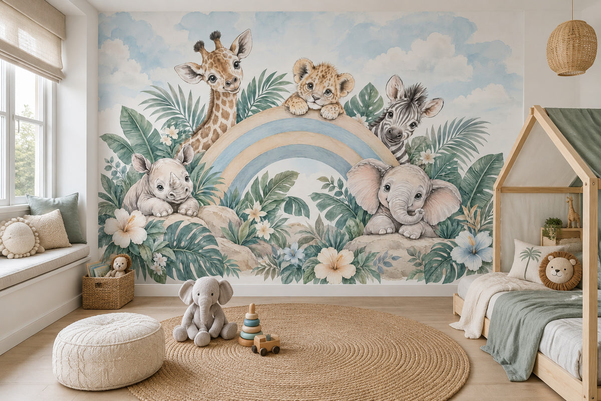 Baby Safari Animals Wallpaper Pastel Rainbow Nursery Wall Mural