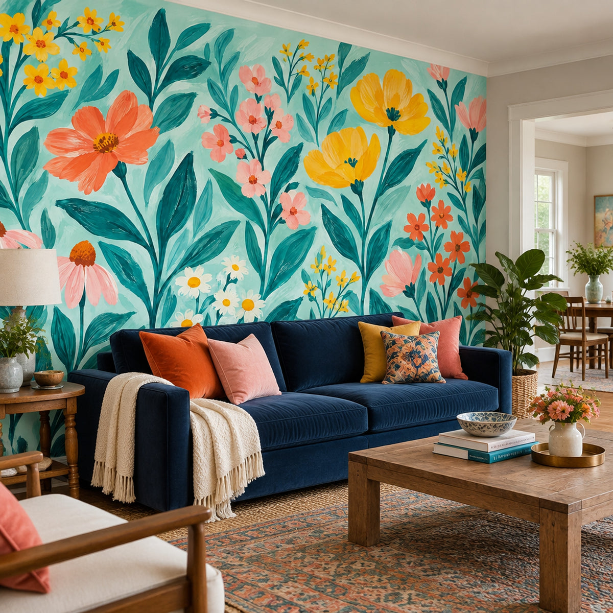 Hand Painted Garden Flowers Wallpaper Teal Background Wall Mural