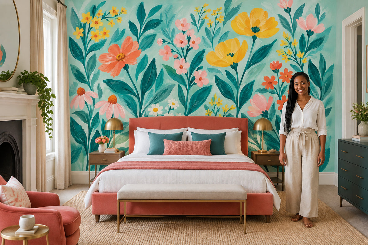 Hand Painted Garden Flowers Wallpaper Teal Background Wall Mural