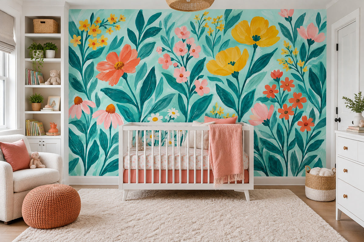 Hand Painted Garden Flowers Wallpaper Teal Background Wall Mural