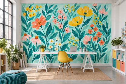 Hand Painted Garden Flowers Wallpaper Teal Background Wall Mural