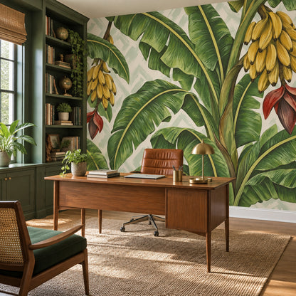 Banana Leaves And Bananas Wallpaper Painterly Tropical Wall Mural